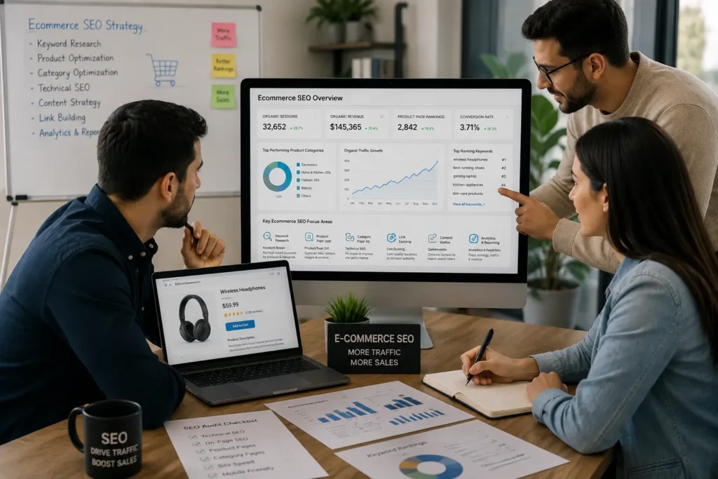 Ecommerce SEO Services team reviewing product rankings, organic traffic and online store performance