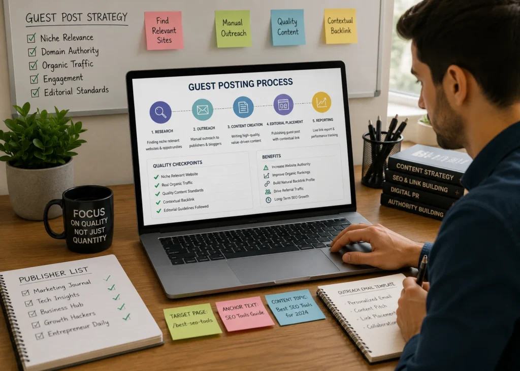 Guest Posting Services process for publisher research, manual outreach, content creation and contextual backlinks