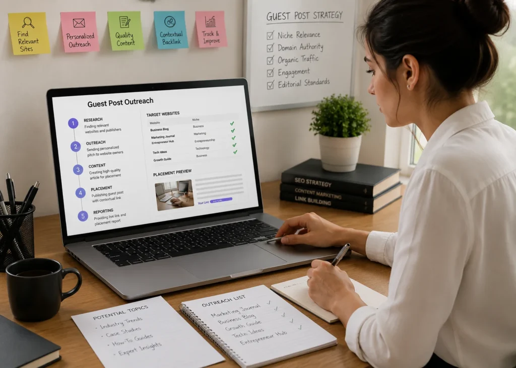 Guest Posting Services specialist researching relevant websites for guest post outreach