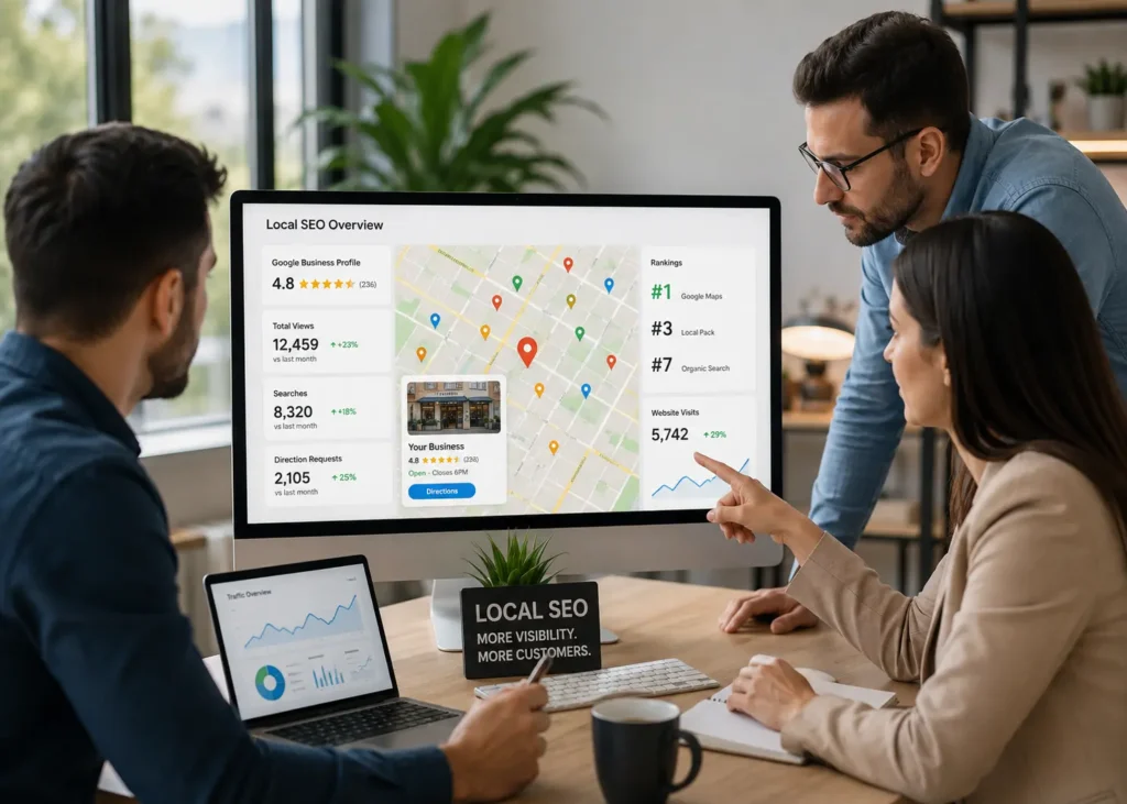Local SEO agency team analysing Google Business Profile, Google Maps rankings, local keyword research, and local search optimization strategy in a modern office.