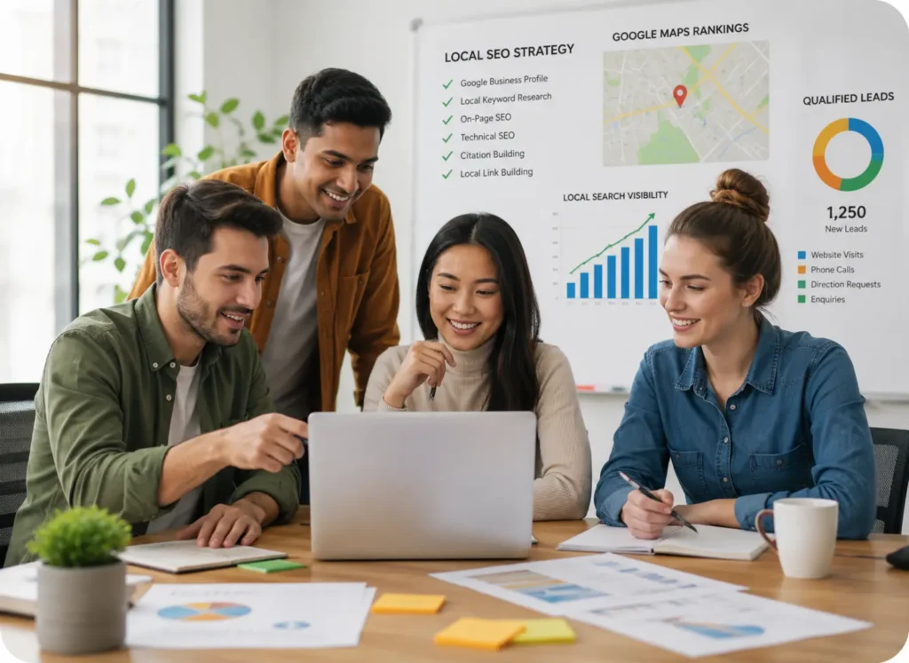 Local SEO team planning Google Maps SEO, local keyword research, citation building, and local search visibility strategies.