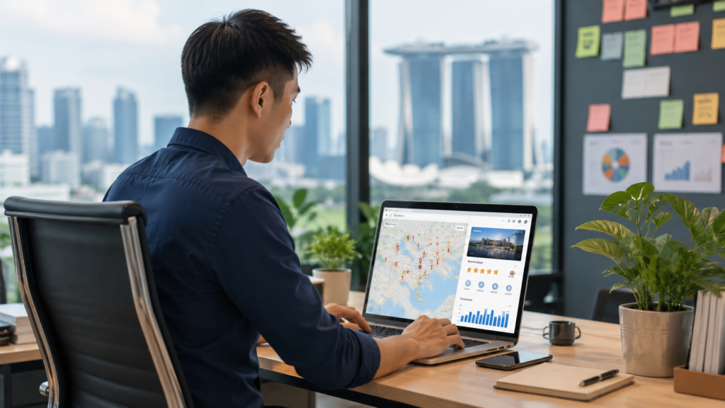 Singapore entrepreneur working on local SEO with a digital map, location pins, customer reviews, and business search signals.