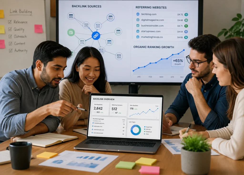 Link Building Services team reviewing backlinks and organic ranking growth