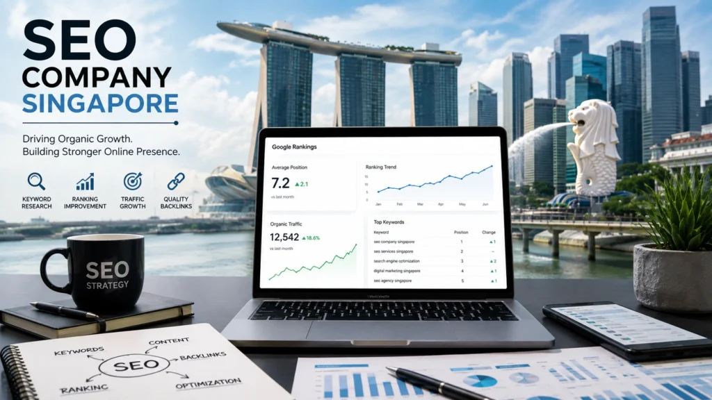 SEO Company Singapore – Professional SEO Services & Rankings SEO Company Singapore showing Singapore skyline, laptop search rankings, organic traffic analytics and SEO strategy