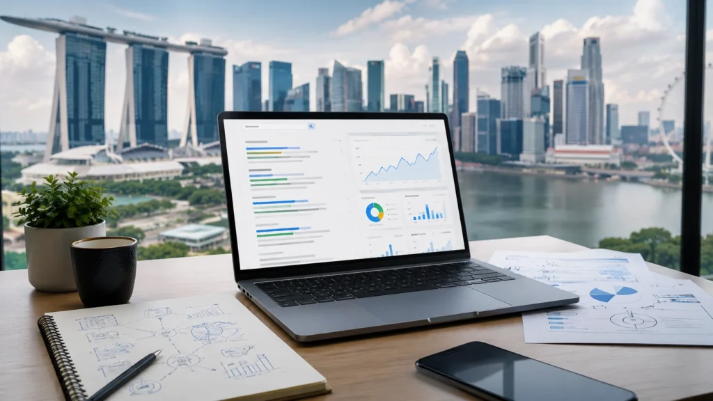 SEO consultant Singapore workspace with laptop analytics dashboard and city skyline