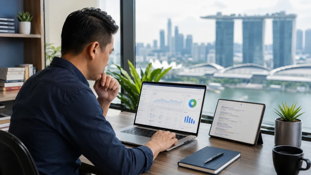 Singapore business owner reviewing SEO performance and website analytics on a laptop in a modern office with the Singapore skyline in the background.