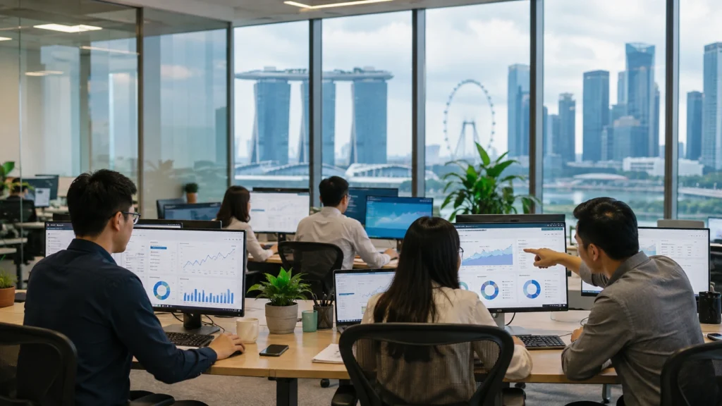 SEO Agency Singapore – Digital Marketing Team Modern Singapore SEO agency workspace with digital marketing team analysing search rankings, organic traffic and keyword research