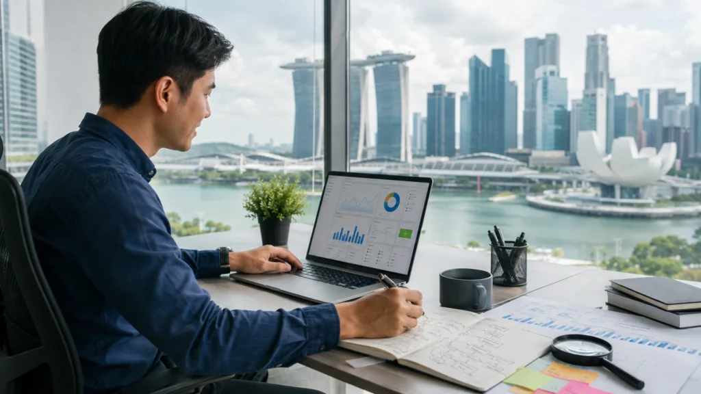 SEO consultant in Singapore analysing website performance and keyword data on a laptop in a modern office