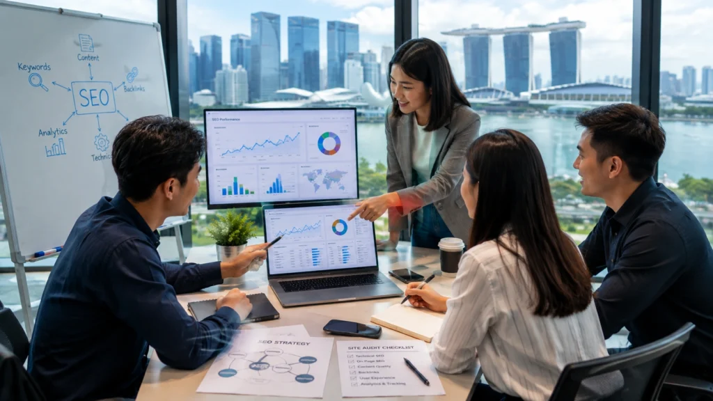 Singapore SEO team analyzing website traffic, search rankings and SEO performance in a modern office
