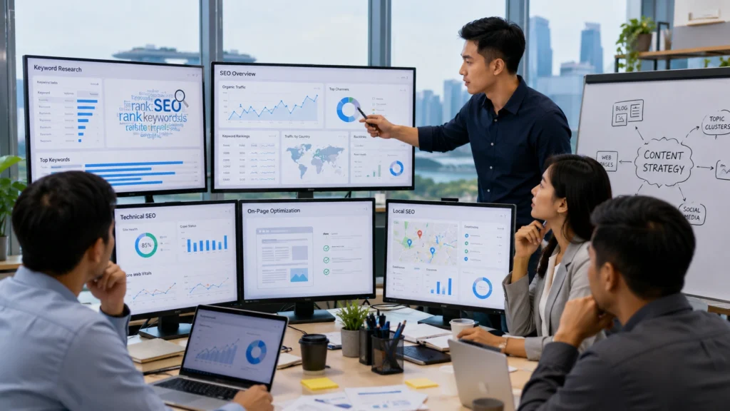 SEO Agency Singapore – Digital Marketing & SEO Strategy SEO agency Singapore team analysing keyword research, technical SEO, on-page optimisation, local SEO and content strategy