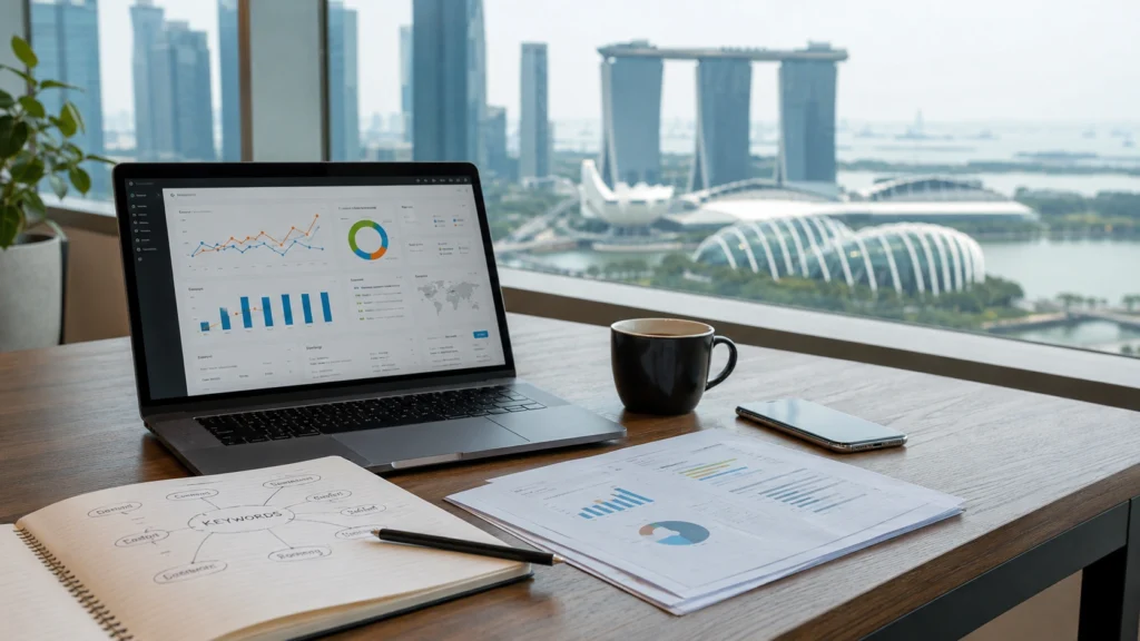Digital marketing SEO workspace in Singapore with website ranking dashboard, keyword research notes and Marina Bay skyline