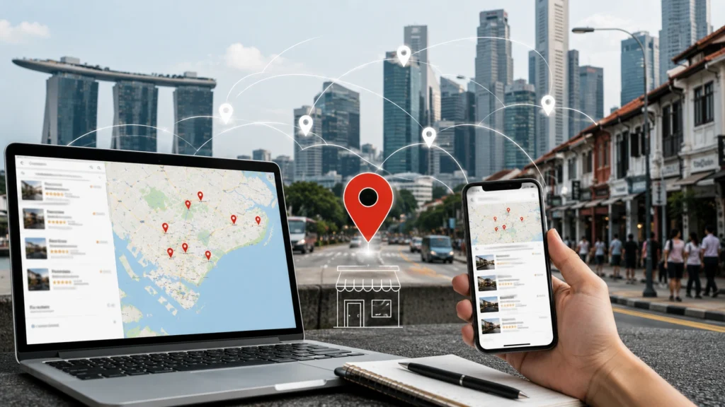 Singapore Local SEO and Google Maps Business Search Singapore local SEO concept showing a business on Google Maps with location pins and smartphone search