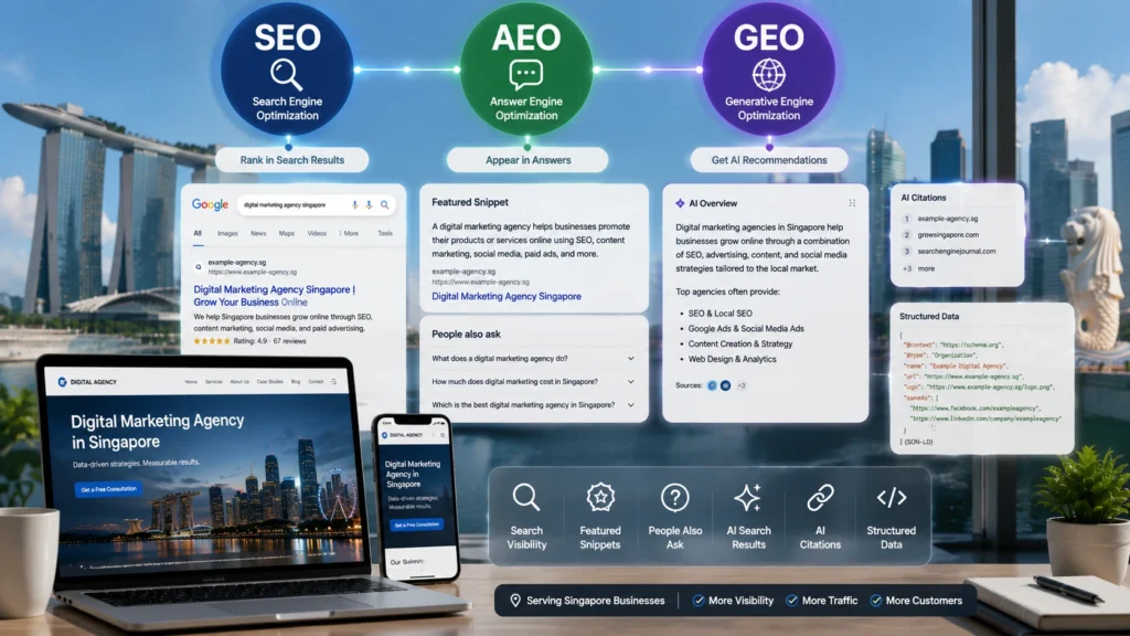 SEO, AEO & GEO Search Strategies for Singapore Businesses SEO AEO and GEO search strategies showing Google results, featured snippets, AI search results, citations, structured data, and a Singapore business website.