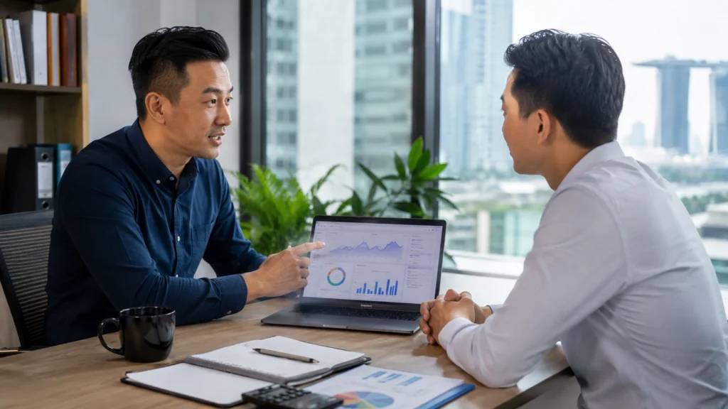 SEO consultant discussing website growth and keyword strategy with a Singapore business owner in a modern office