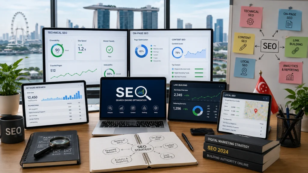 SEO Services Workspace in Singapore SEO services workspace showing technical SEO, content SEO, link building, local SEO, keyword research, analytics, and Google Maps concepts in a modern Singapore office